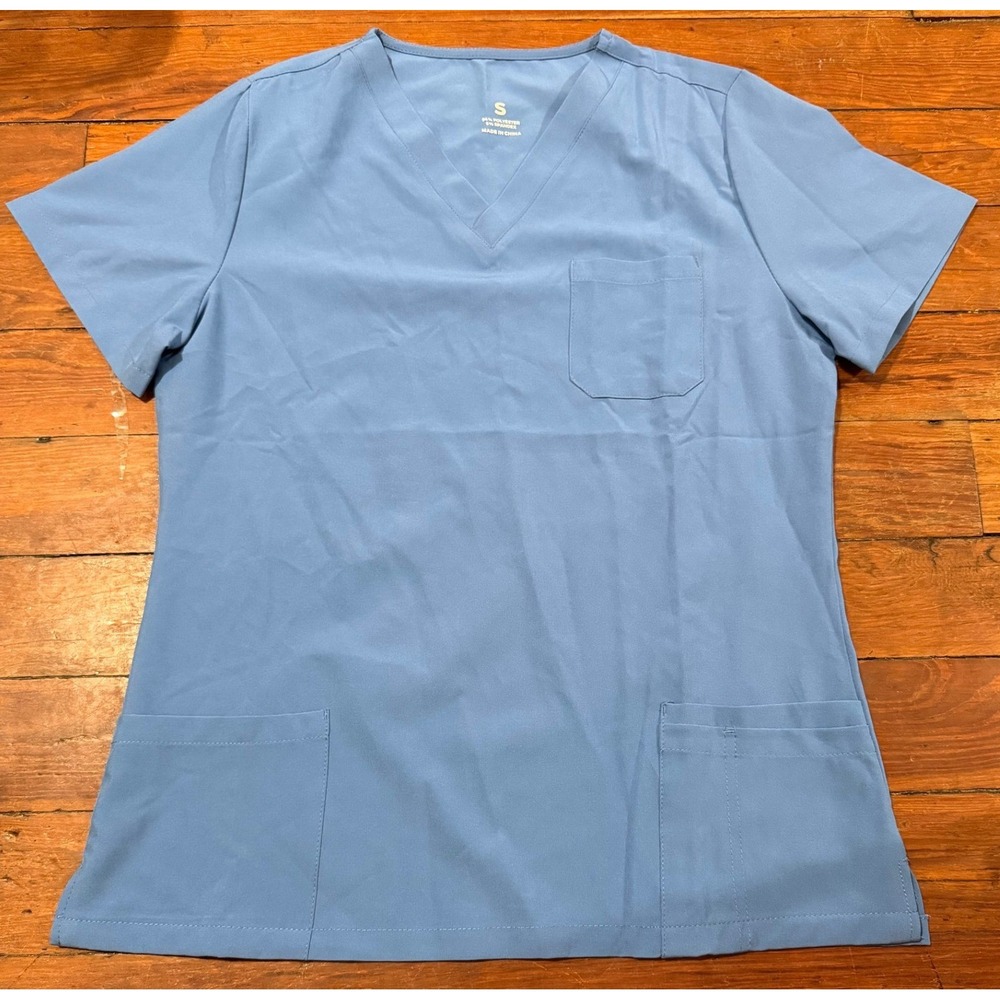Light Blue V-Neck Scrub Top Womens Small 3-Pocket Stretch Medical Uniform